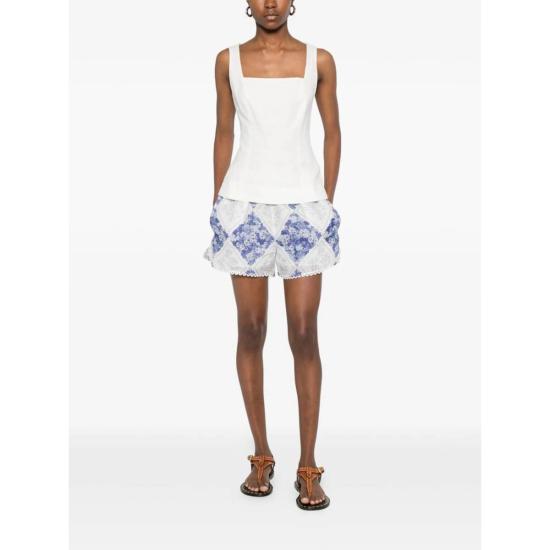  트윈셋 숏팬츠 플로럴 프린트 레이스 트림 반바지 (블루/화이트) - TWINSET