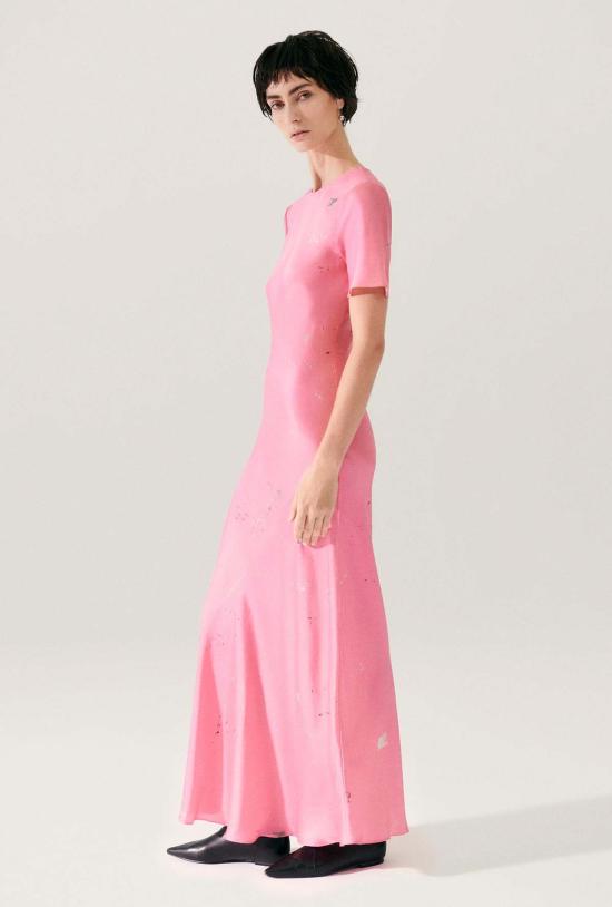  실크 런드리 롱 원피스 실크 세탁 반팔 바이어스 드레스 호그워시