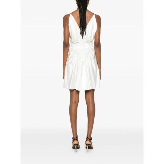  베르사체 숏 원피스 주름 디테일 V넥 스파게티 스트랩 슬리브리스 미니 드레스 화이트 - VERSACE