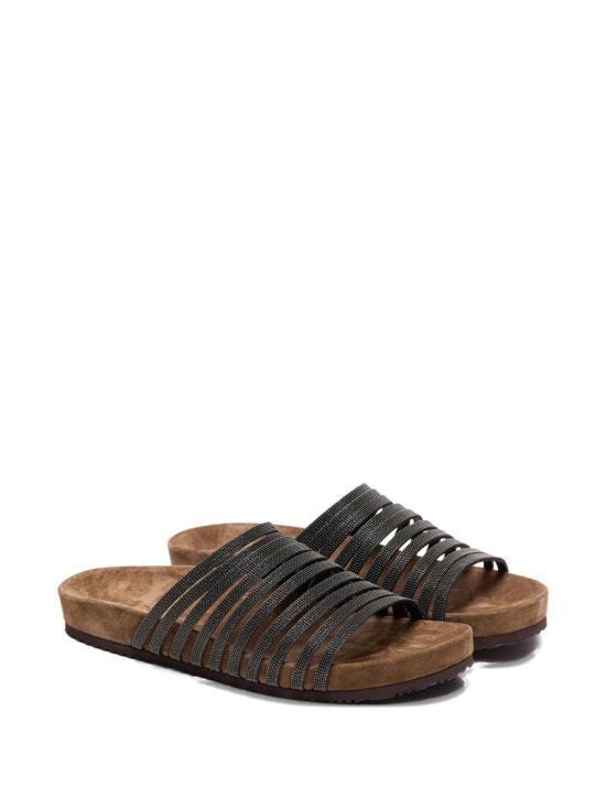 26SS 브루넬로 쿠치넬리 프레셔스 스트랩 스웨이드 슬라이드 MZGAG3157 C101 Black - BRUNELLO CUCINELLI