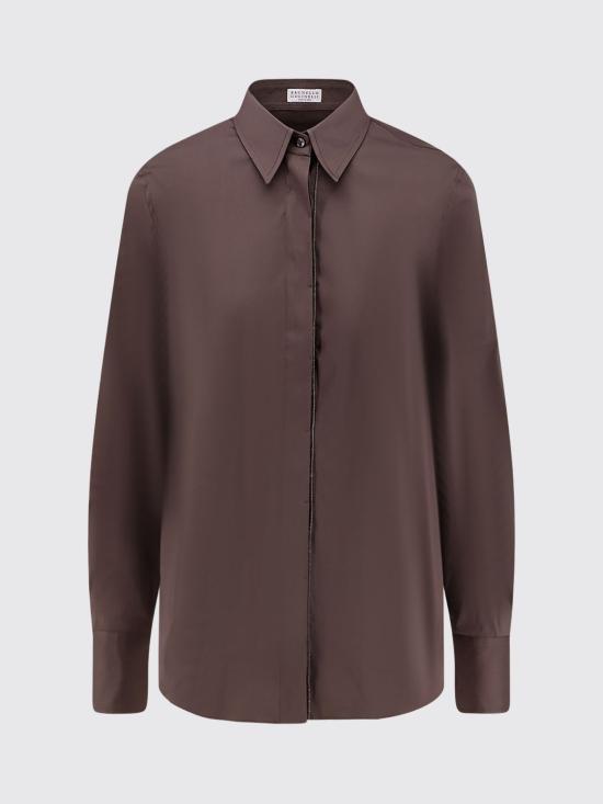 26SS 브루넬로 쿠치넬리 스트레치 코튼 포플린 샤이니 트림 셔츠 M0091MA626 C8589 Brown - BRUNELLO CUCINELLI