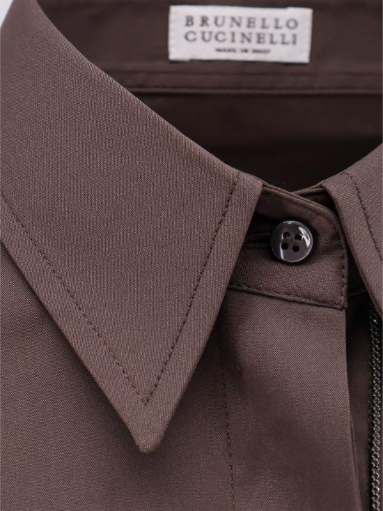 26SS 브루넬로 쿠치넬리 스트레치 코튼 포플린 샤이니 트림 셔츠 M0091MA626 C8589 Brown - BRUNELLO CUCINELLI