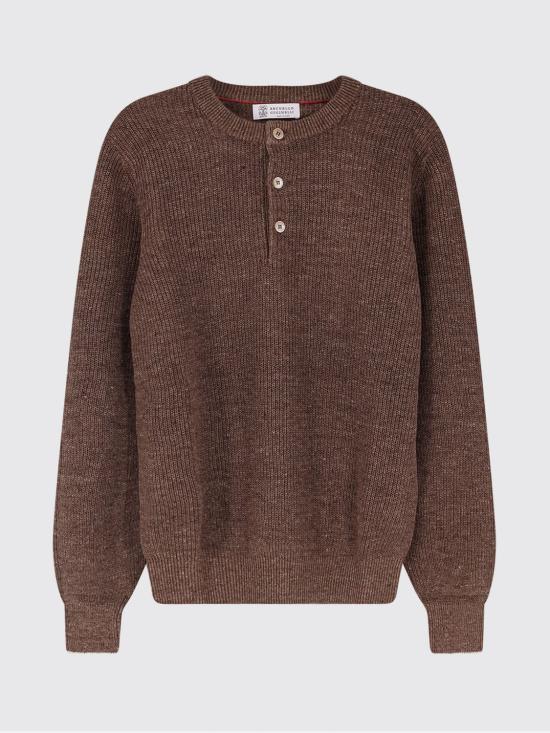 26SS 브루넬로 쿠치넬리 헨리넥 코튼 리넨 블렌디드 하프 잉글리시 립 니트 스웨터 M2L707711 CNO22 Hazel - BRUNELLO CUCINELLI