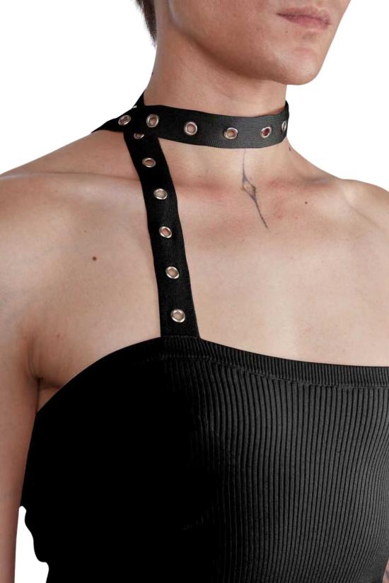  FANG NYC 바디수트 티셔츠 팡 NYC 에센셜 러치드 스카프 탑 블랙 - FANG NYC