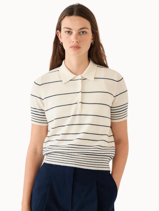  데미리 뉴욕 스웨터 데밀리 드류 스트라이프 캐시미어 폴로 셔츠 아이보리/네이비 - DEMYLEE