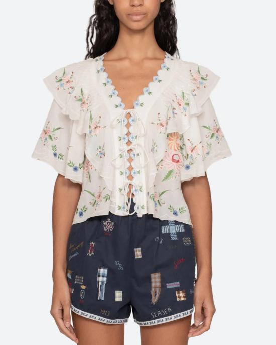  씨뉴욕 블라우스 씨니 세라피나 자수 반팔 탑 크림