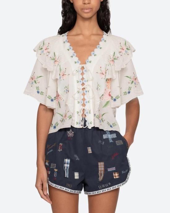  씨뉴욕 블라우스 씨니 세라피나 자수 반팔 탑 크림 - SEA NY