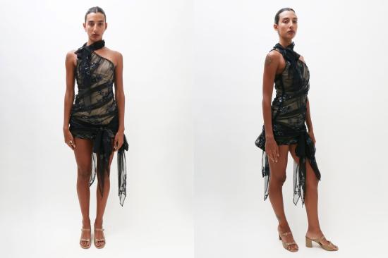  유한왕 숏 원피스 유한 왕 블랙 스팽글 홀터 드레스 - YUHAN WANG