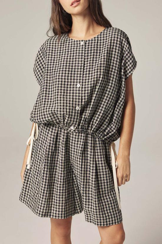  아멘테 블라우스 깅엄 드롭 슬리브 버튼 탑 - AMENTE