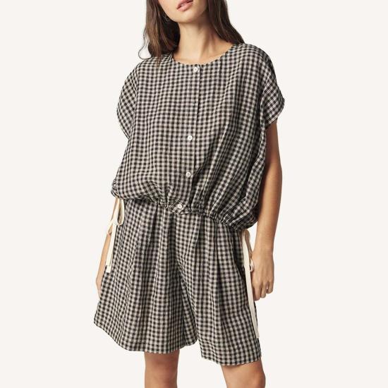  아멘테 블라우스 깅엄 드롭 슬리브 버튼 탑