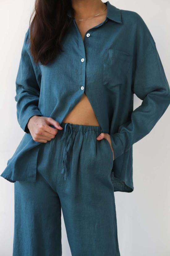  Be Idle 팔라초 팬츠 린넨 드로스트링 팬츠 틸 색상 - BE IDLE