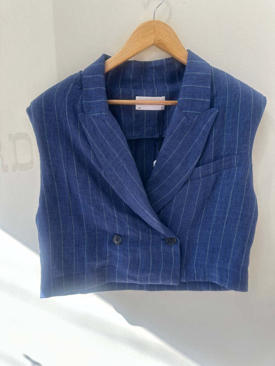  Self Contrast 베스트 셀프 콘트라스트 알레사 크롭 린넨 블레이저 베스트 스트라이프 - SELF CONTRAST