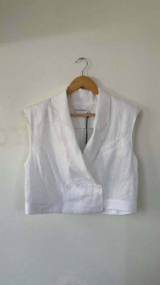  Self Contrast 베스트 셀프 콘트라스트 알레사 크롭 린넨 블레이저 베스트 스트라이프 - SELF CONTRAST