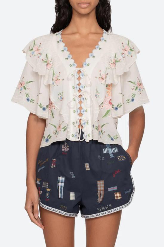  씨뉴욕 블라우스 씨뉴 세라피나 자수 프론트 타이  크림 - SEA NY