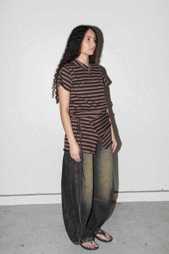  케이코 블라우스 Kk Co 랩 페플럼 랩 스트라이프 머드 - KKCO