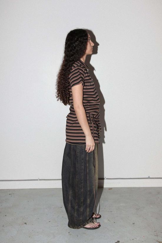  케이코 블라우스 Kk Co 랩 페플럼 랩 스트라이프 머드 - KKCO