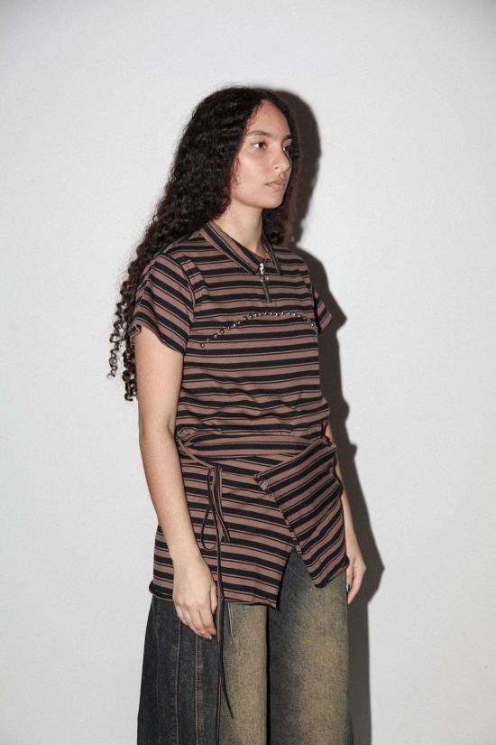  케이코 블라우스 Kk Co 랩 페플럼 랩 스트라이프 머드 - KKCO