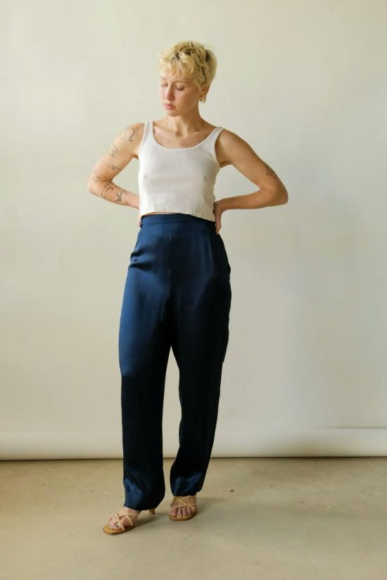  조르지오 아르마니 크롭 팬츠 실크 팬츠 미드나잇 네이비 - GIORGIO ARMANI