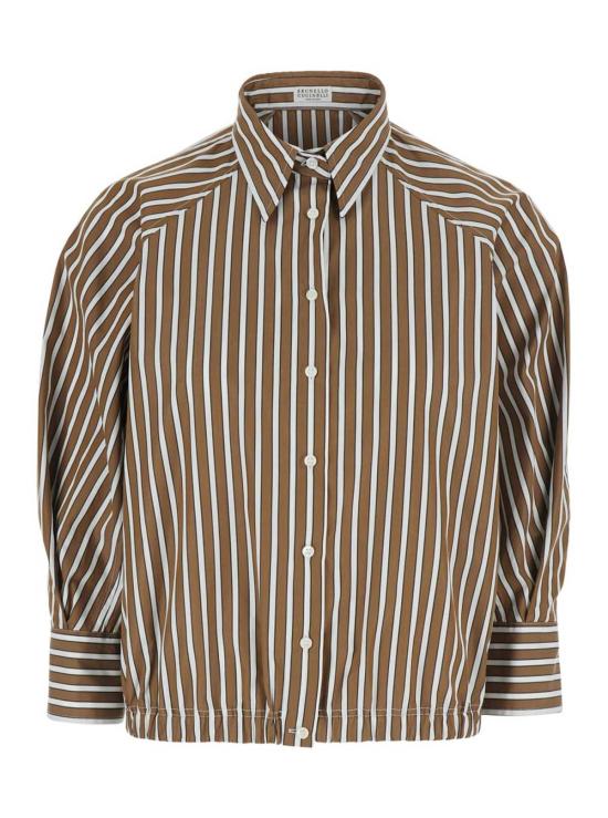  브루넬로 쿠치넬리 셔츠 모닐레 셔츠, 칼라에 모닐레 디테일과 전체적으로 스트라이프 패턴이 있는 브라운 색상.
