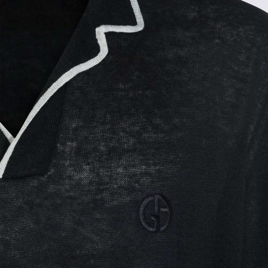  조르지오 아르마니 폴로 티셔츠 네이비 린넨 실크 블렌드 폴로 셔츠 - GIORGIO ARMANI