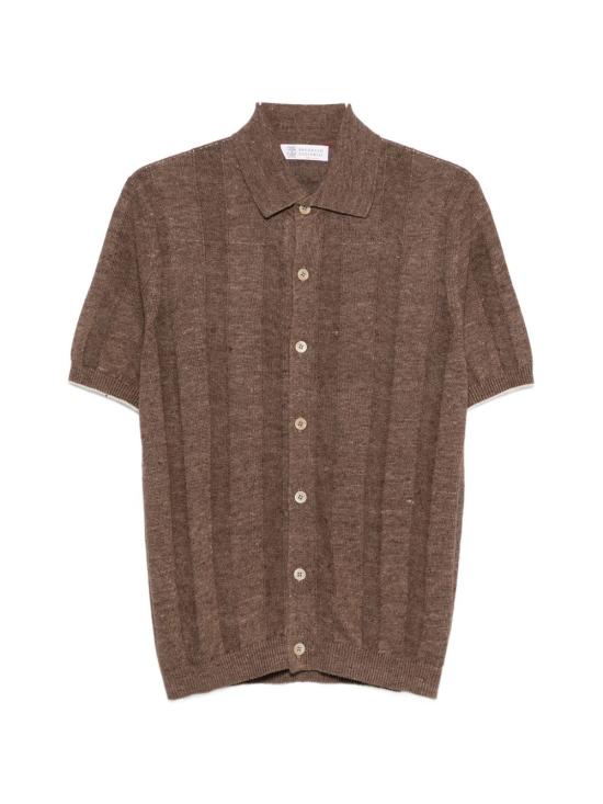 26SS 브루넬로 쿠치넬리 리넨 립 코튼 반소매 셔츠 M2L707805 CNO22 Brown