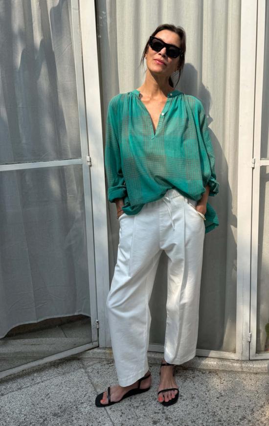  투 블라우스 시스루 체크 래글런 소매 셔츠 - TWO