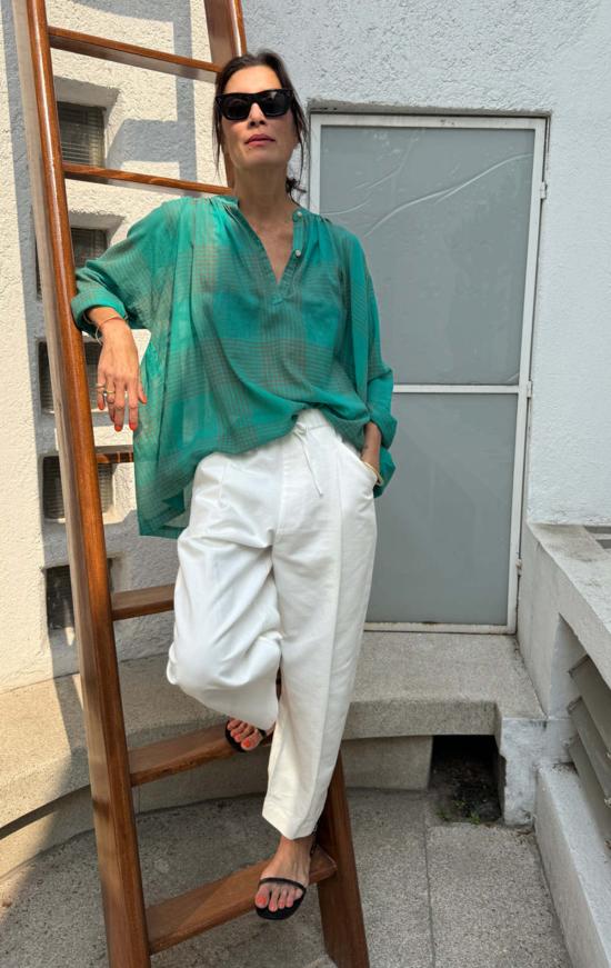  투 블라우스 시스루 체크 래글런 소매 셔츠 - TWO