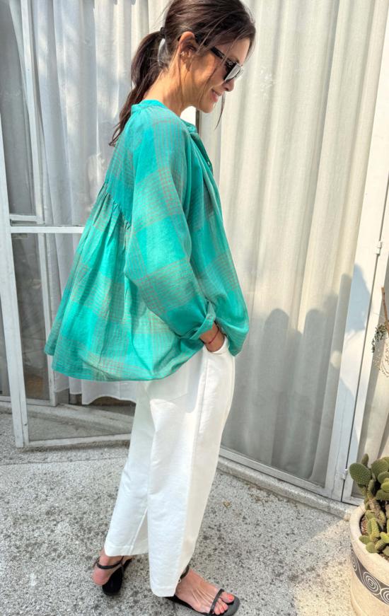  투 블라우스 시스루 체크 래글런 소매 셔츠