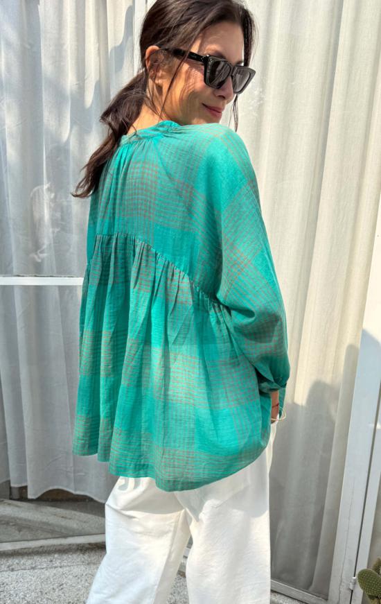  투 블라우스 시스루 체크 래글런 소매 셔츠 - TWO