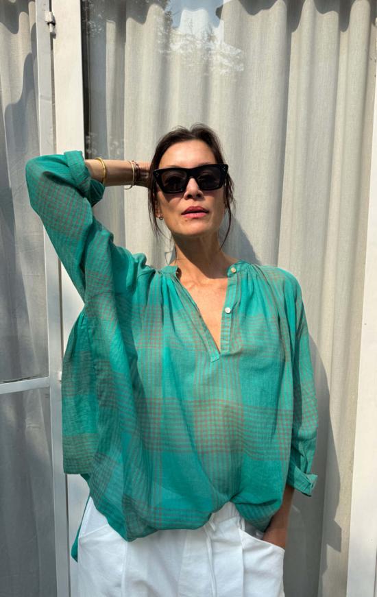  투 블라우스 시스루 체크 래글런 소매 셔츠 - TWO