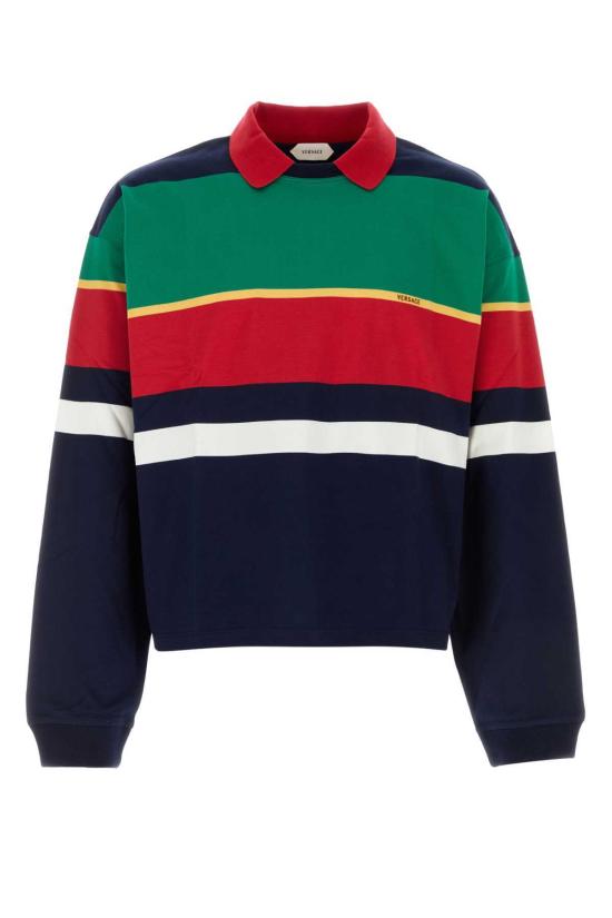  베르사체 폴로 티셔츠 자수 코튼 폴로 셔츠, 밝은 녹색/밝은 노란색/립스틱 레드/잉크/화이트