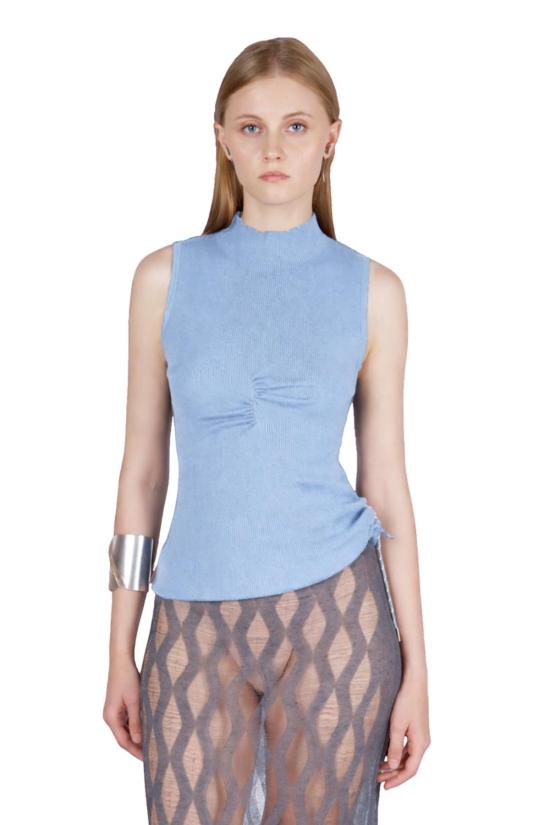  팡 뉴욕 민소매 티셔츠 팡 NYC 에센셜 러치드 조절 가능한 모크넥 탑 베이비 블루