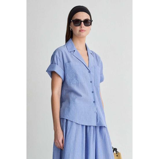  어피스 어파트 셔츠 Apiece Apart Valenti 버튼업 셔츠 마이크로스트라이프 블루 & 크림 - APIECE APART