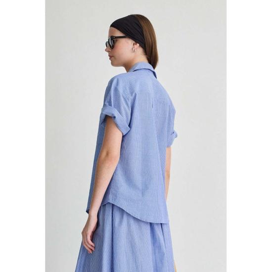  어피스 어파트 셔츠 Apiece Apart Valenti 버튼업 셔츠 마이크로스트라이프 블루 & 크림 - APIECE APART