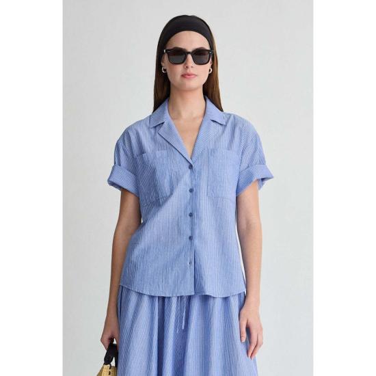  어피스 어파트 셔츠 Apiece Apart Valenti 버튼업 셔츠 마이크로스트라이프 블루 & 크림 - APIECE APART