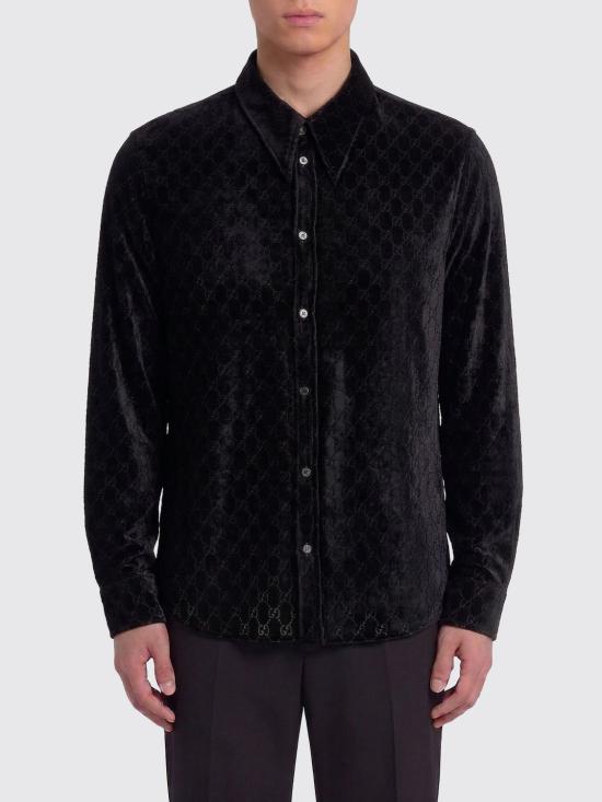 26SS 구찌 스트레치 GG 벨벳 데보레 셔츠 860674ZAUS4 1000 Black