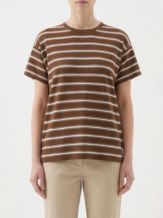 26SS 브루넬로 쿠치넬리 버진 울 & 캐시미어 라이트웨이트 스파클링 스트라이프 니트 티셔츠 M14854100 CTX08 Cocoa