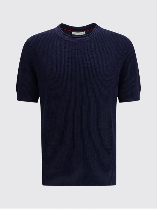 26SS 브루넬로 쿠치넬리 하프 잉글리시 립 리넨 코튼 니트 티셔츠 M2L707710 CBM73 Navy - BRUNELLO CUCINELLI