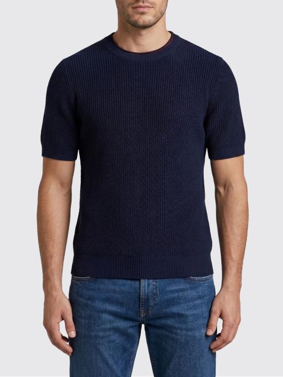 26SS 브루넬로 쿠치넬리 하프 잉글리시 립 리넨 코튼 니트 티셔츠 M2L707710 CBM73 Navy