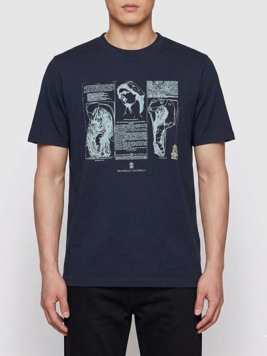 26SS 브루넬로 쿠치넬리 크루넥 프린트 코튼 저지 티셔츠 M0B138517 CLI32 Blue