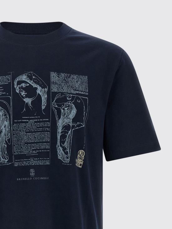 26SS 브루넬로 쿠치넬리 크루넥 프린트 코튼 저지 티셔츠 M0B138517 CLI32 Blue - BRUNELLO CUCINELLI