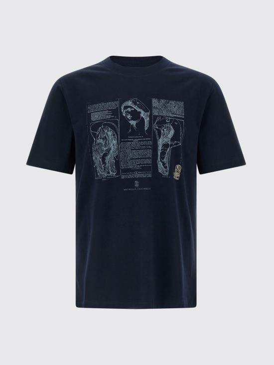 26SS 브루넬로 쿠치넬리 크루넥 프린트 코튼 저지 티셔츠 M0B138517 CLI32 Blue - BRUNELLO CUCINELLI