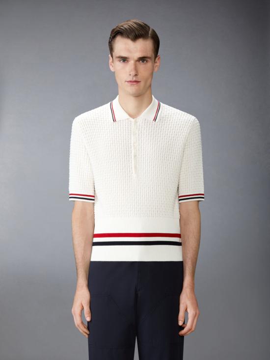26SS 톰브라운 플로트 리플 스티치 RWB 스트라이프 폴로 MKP155A Y3009 100 WHITE DOM - THOM BROWNE