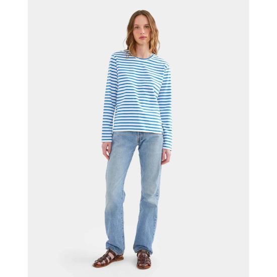  큘 긴팔 티셔츠 쿨레 모던 롱티 화이트/로얄 블루 - KULE