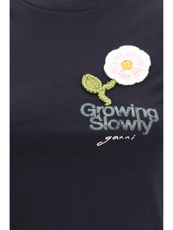 26SS 가니 크로쉐 패치 베이직 코튼 저지 베이비 핏 티셔츠 A1050178 252 BLACK - GANNI