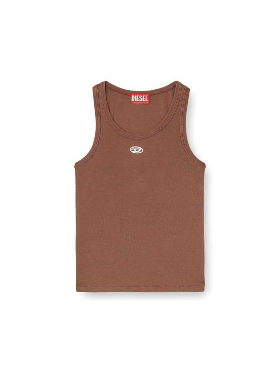  디젤 민소매 티셔츠 슬림핏 골지 탱크탑 (금속 타원형 D 로고, 브라운)