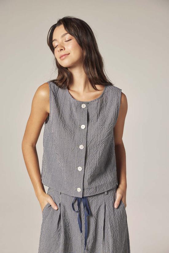  아멘테 셔츠 체크무늬 버튼다운  네이비/화이트 - AMENTE