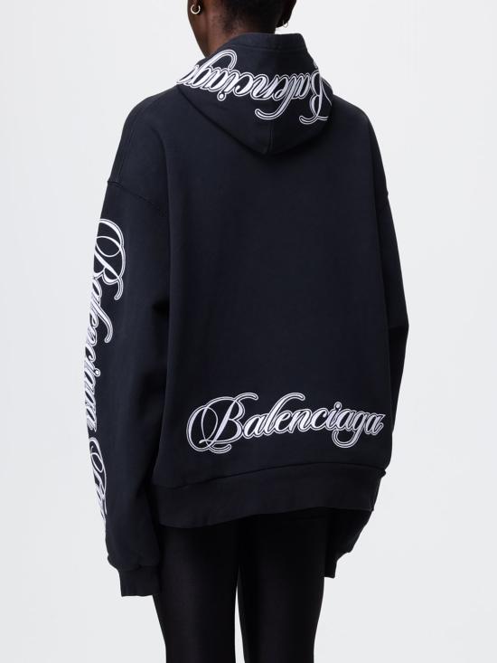 26SS 발렌시아가 커시브 오버사이즈 후드티셔츠 858143TTVM8 6552 Black - BALENCIAGA