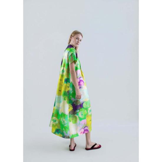  필로소피아 롱 원피스 프소피아 블룸라이트 프린트 롱 셔츠 드레스 (앞면 핀턱 장식, 녹색) - PSOPHIA