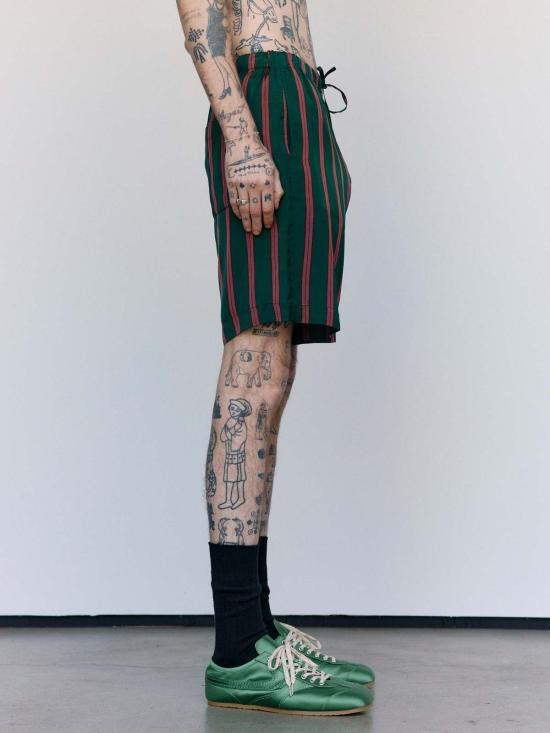  드리스 반 노튼 숏팬츠 드리스 반 노텐 보틀 실크 스트라이프 파이퍼리 쇼츠 - DRIES VAN NOTEN